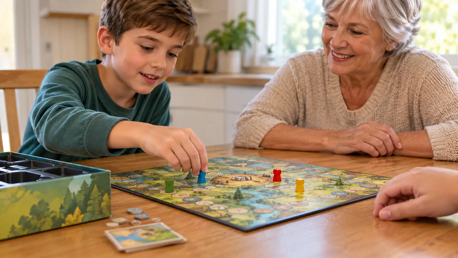 A child's hands placing a game piece on a board game at a kitchen table while other players watch