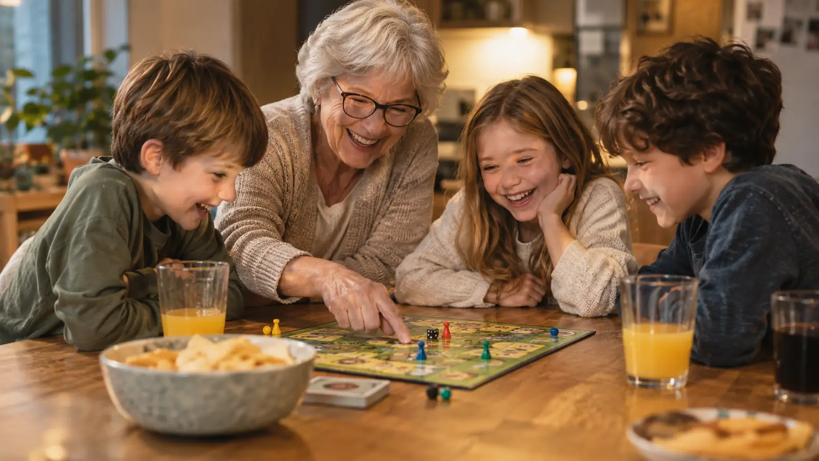 A grandmother pointing at a board game while three grandchildren lean in and laugh around a kitchen table