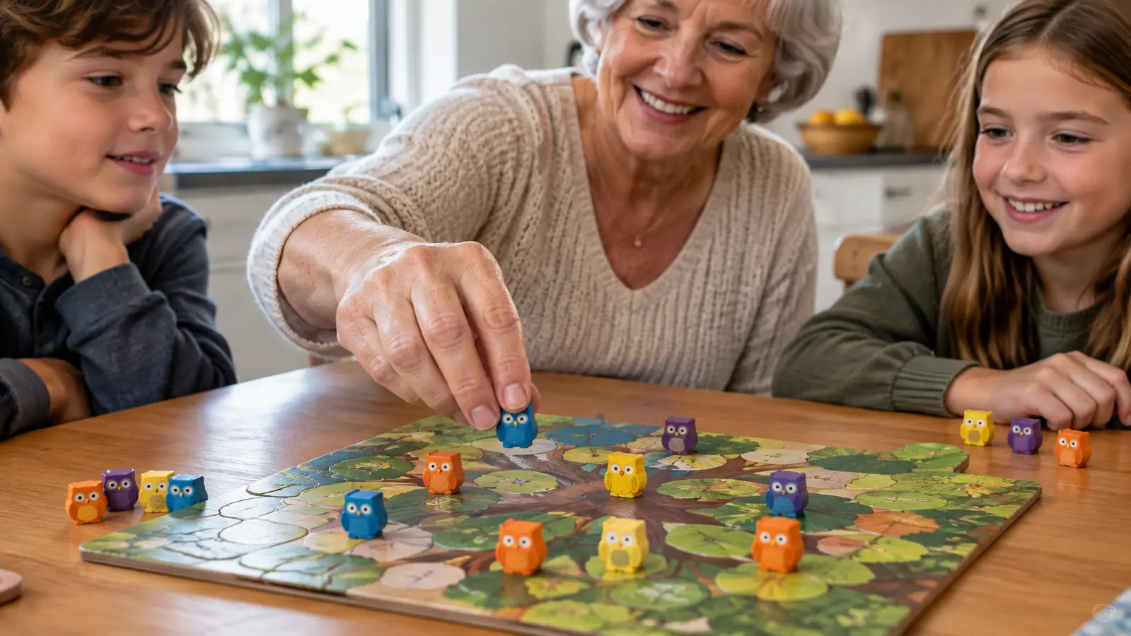 Hands placing owl tokens on a game board while other family members watch