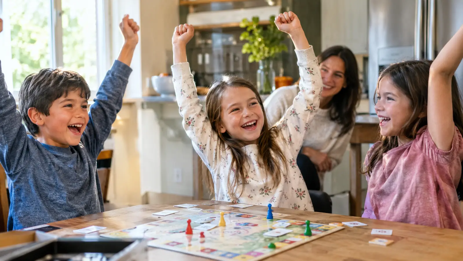 Three children with raised hands celebrating around a kitchen table with a game board