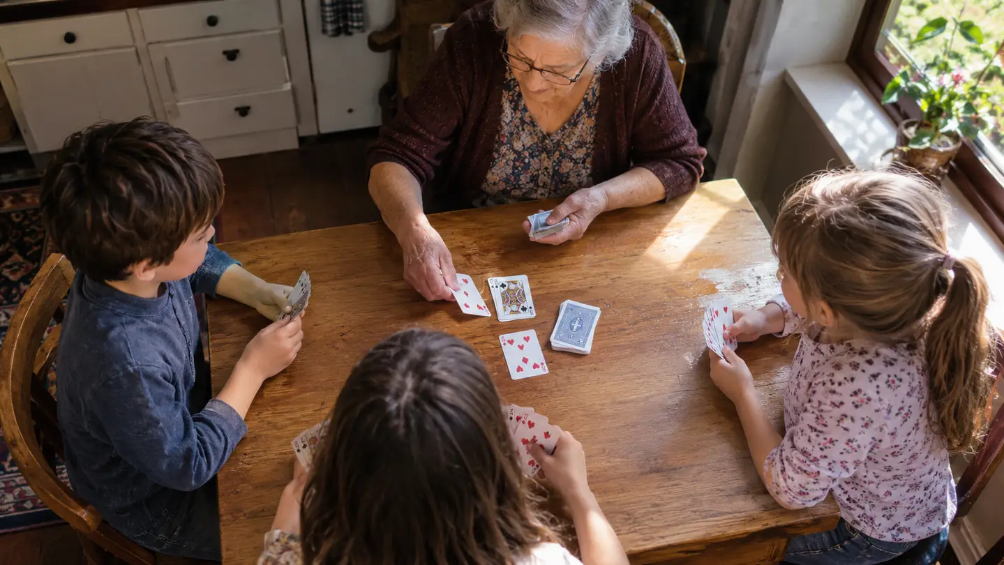 A grandmother dealing cards to three children at a kitchen table