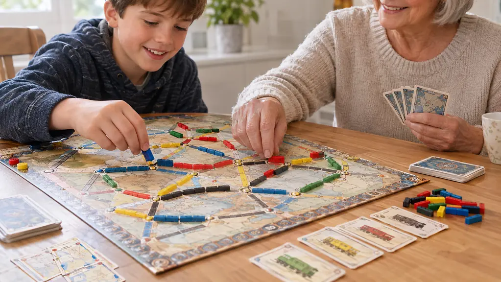 Hands placing small train pieces on a route on a board game at a kitchen table