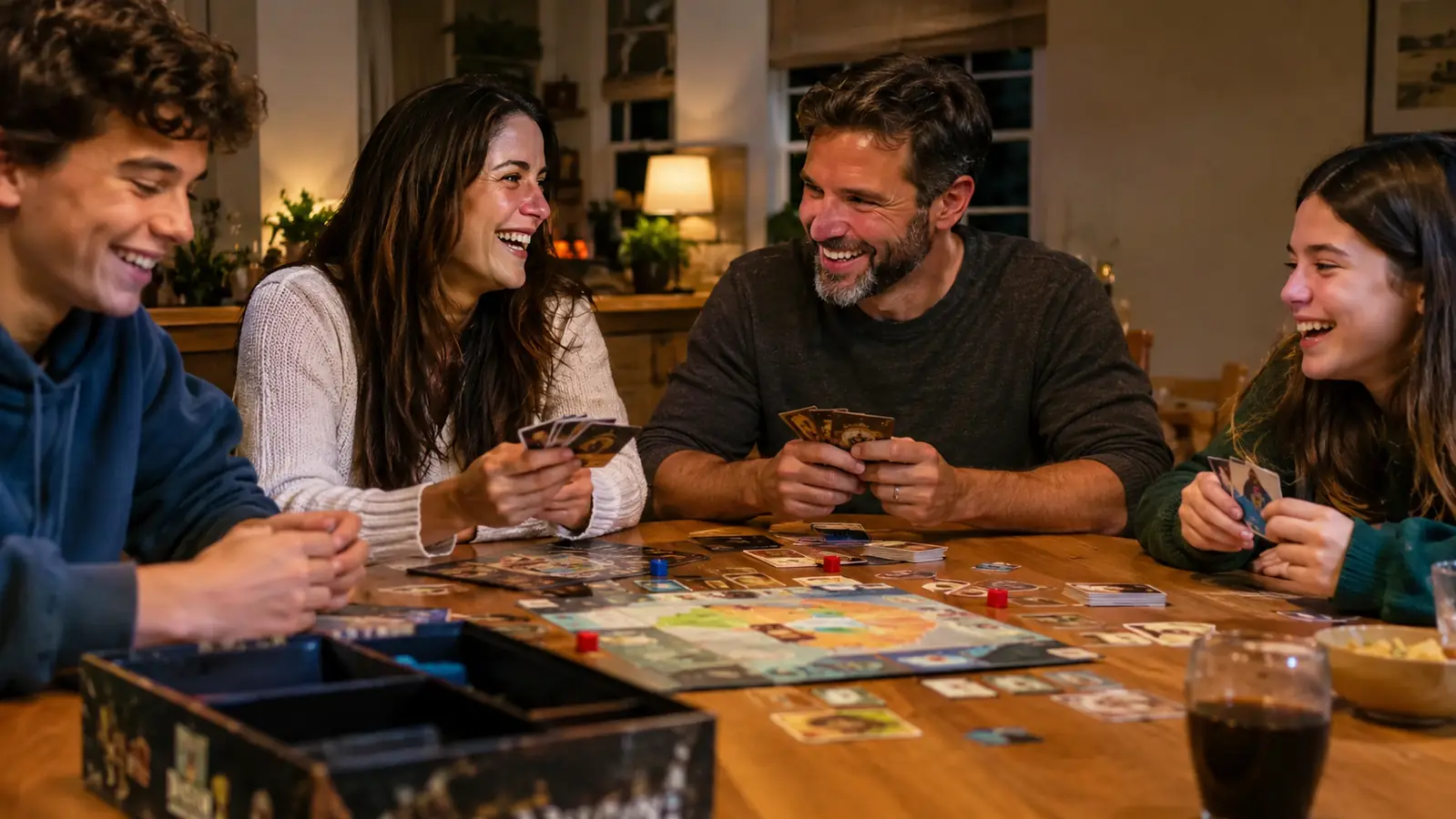 A family laughing together at a kitchen table with an open board game box and cards spread out