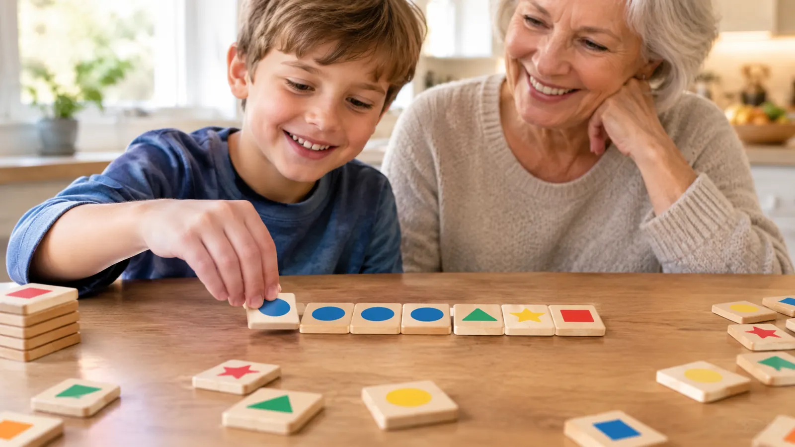 A child's hand placing a tile on a row of matching tiles on a wooden table