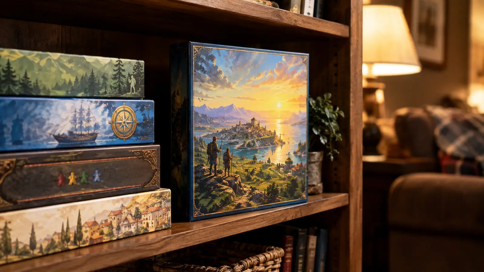 A board game box on a wooden bookshelf beside other family board games in a cozy den