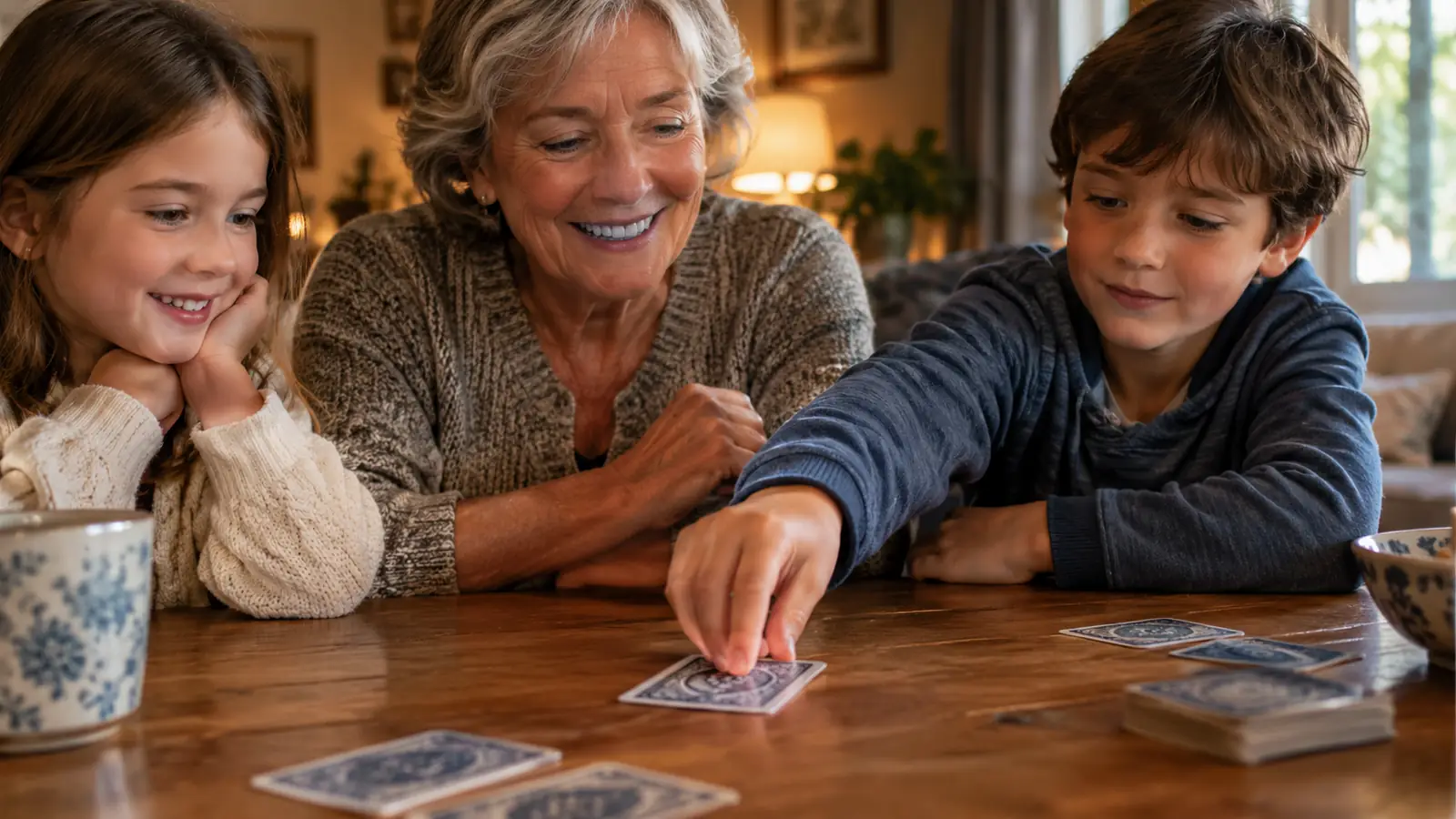 A grandmother and her grandchildren gathered around a table, one child placing a card down while the others watch