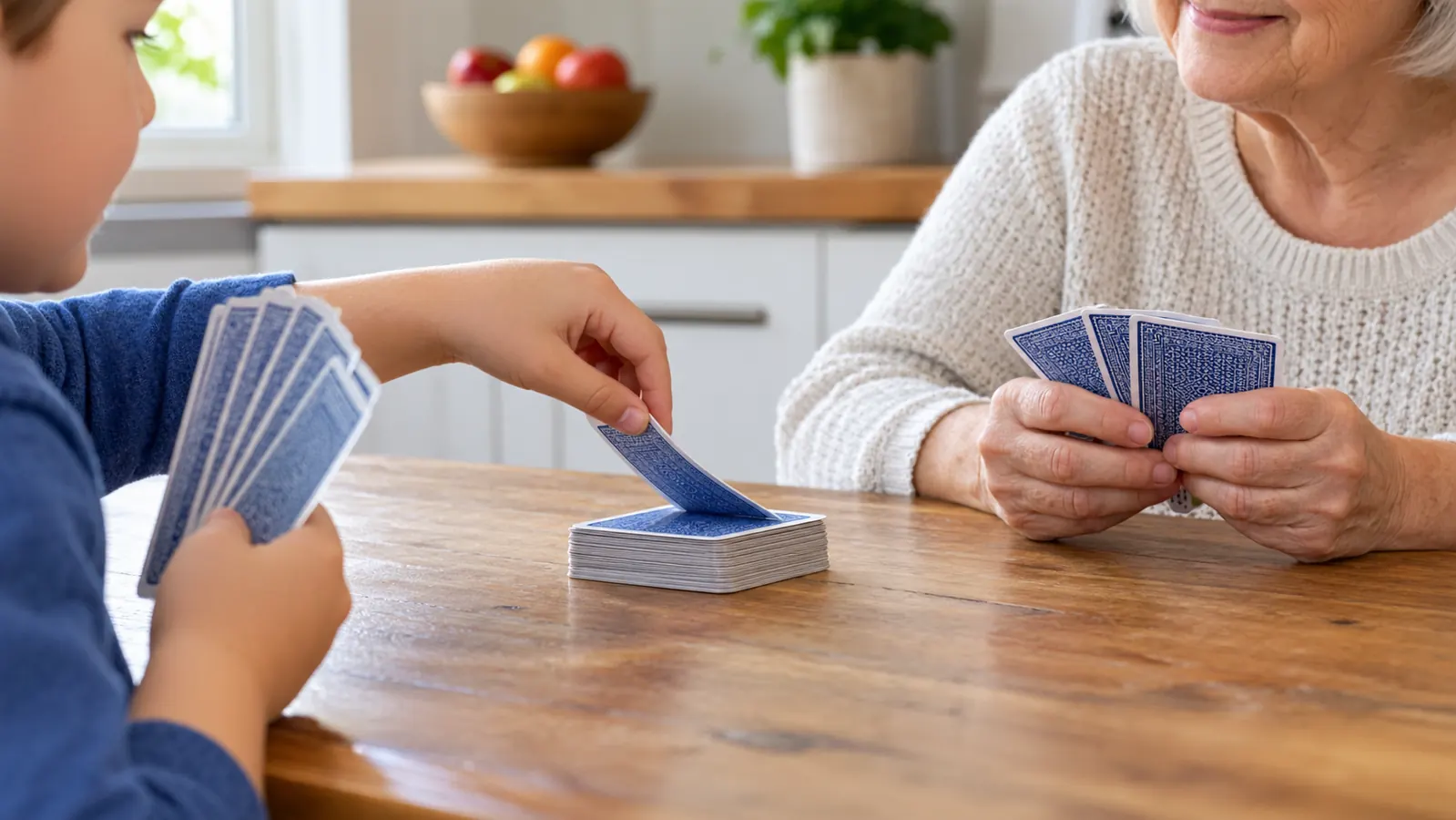 Hands dealing cards from a card game deck on a wooden table