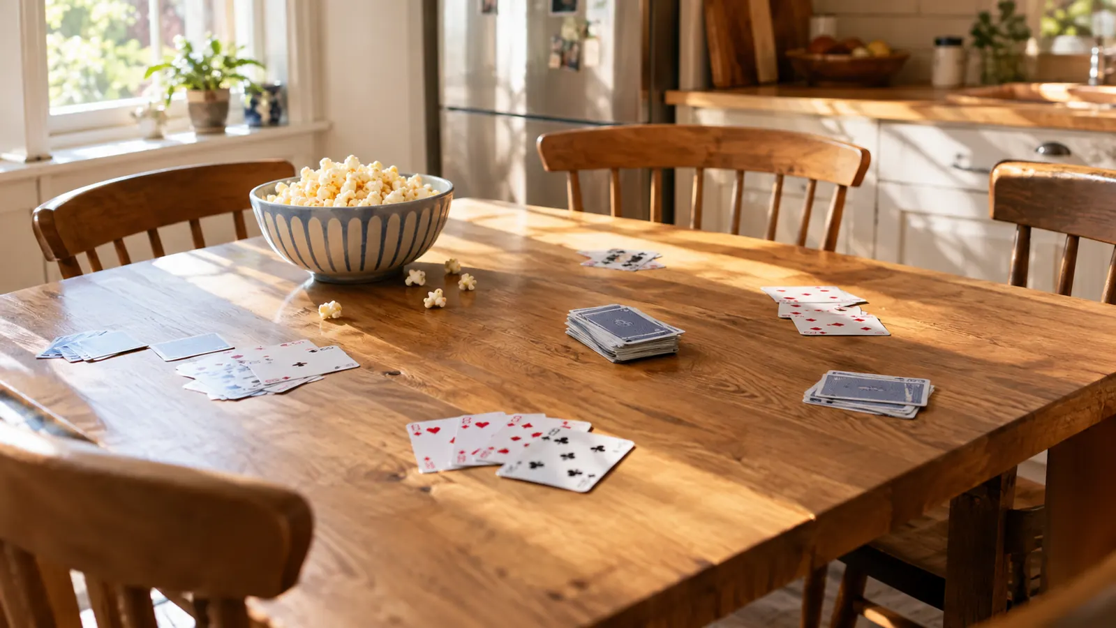 A card game spread out on a wooden table beside a bowl of popcorn