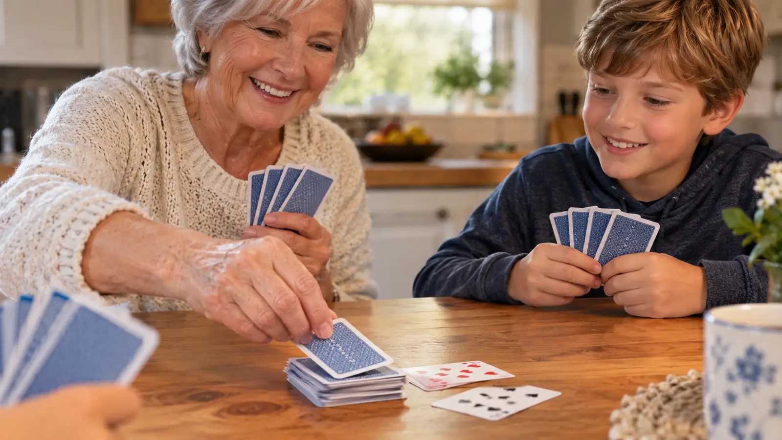 Hands placing a card onto a growing pile on a wooden kitchen table while other cards are fanned out