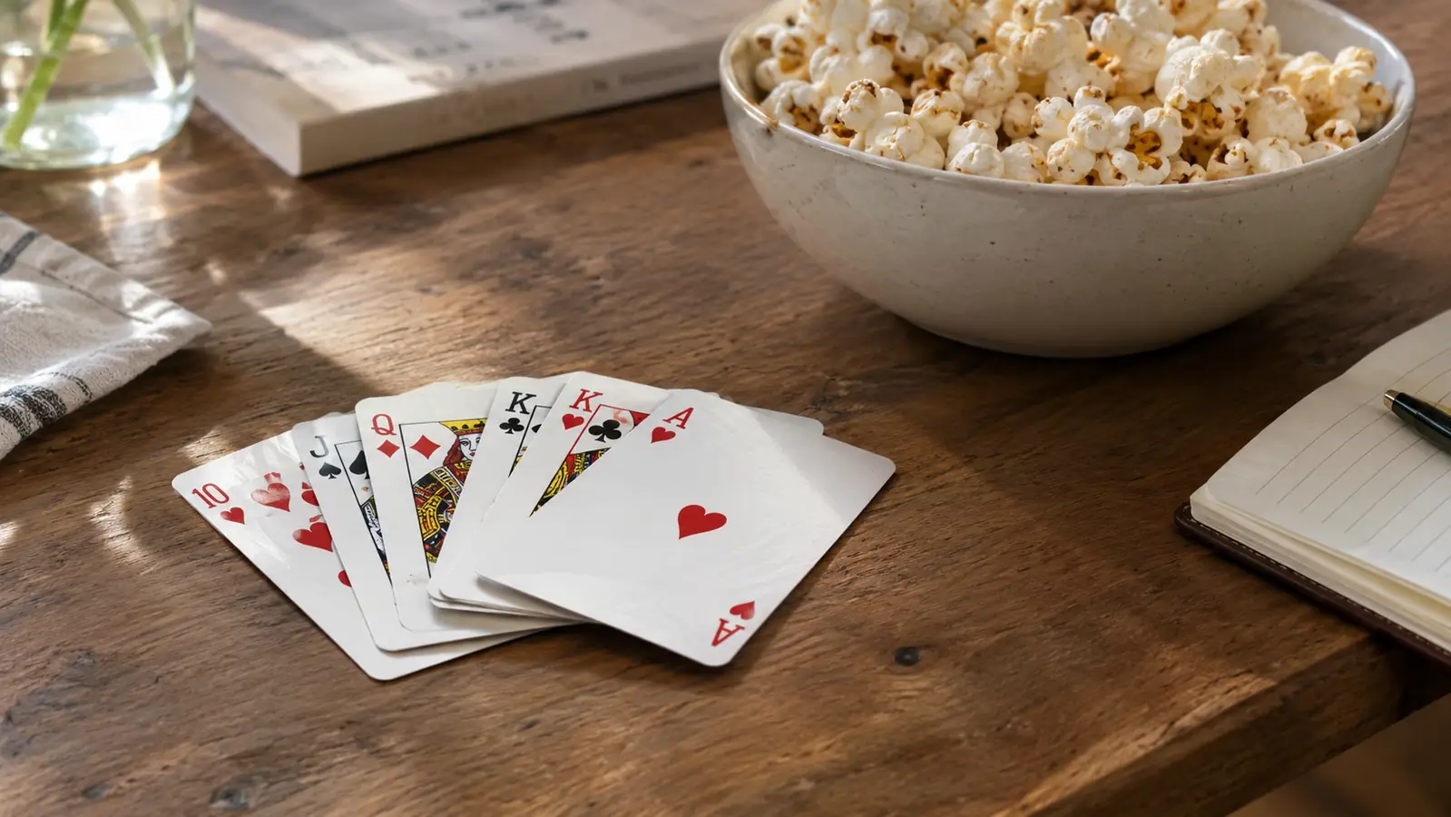 Cards fanned out on a wooden kitchen table beside a bowl of popcorn and a small notebook