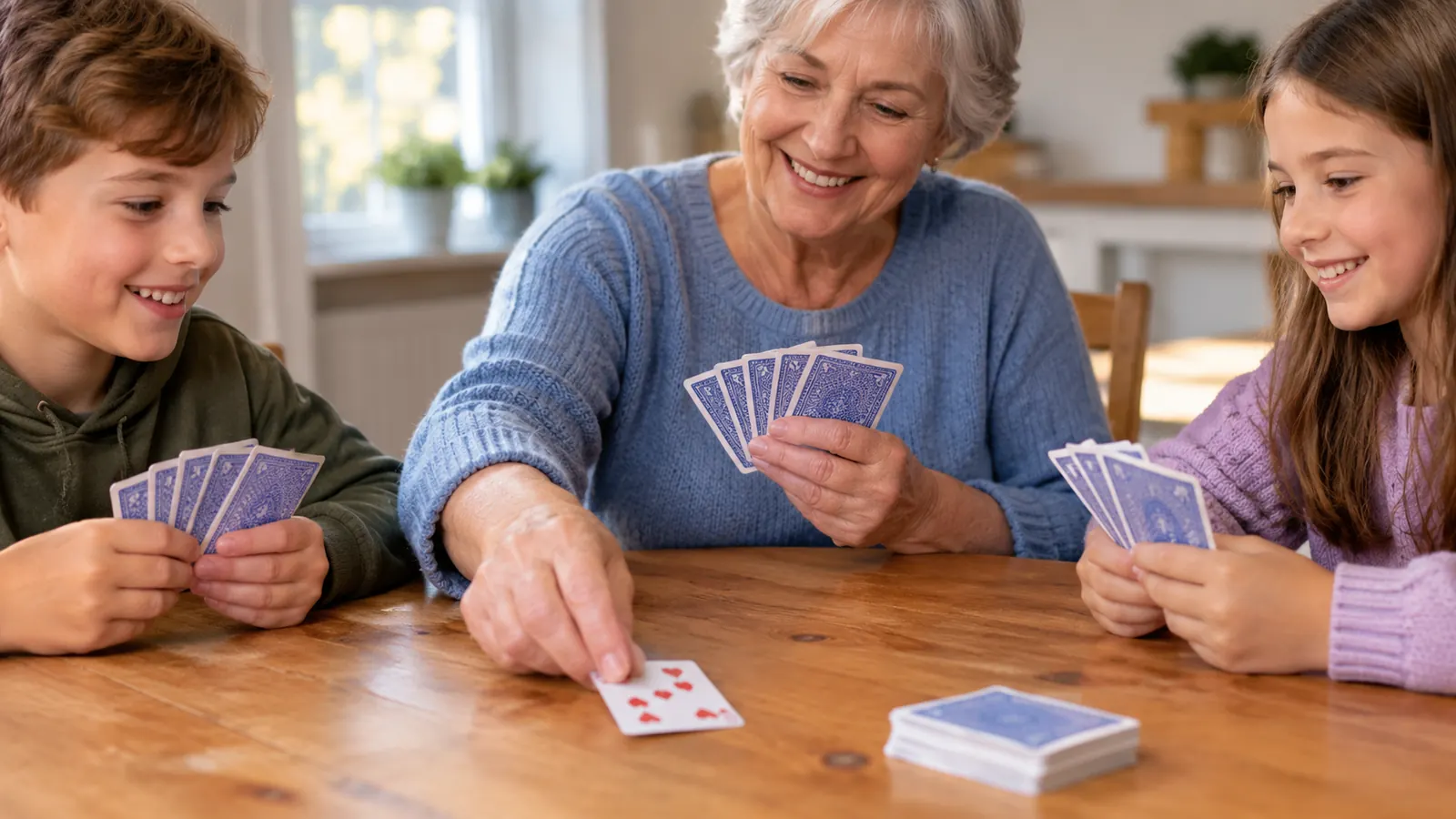 Hands holding a fan of playing cards over a wooden kitchen table