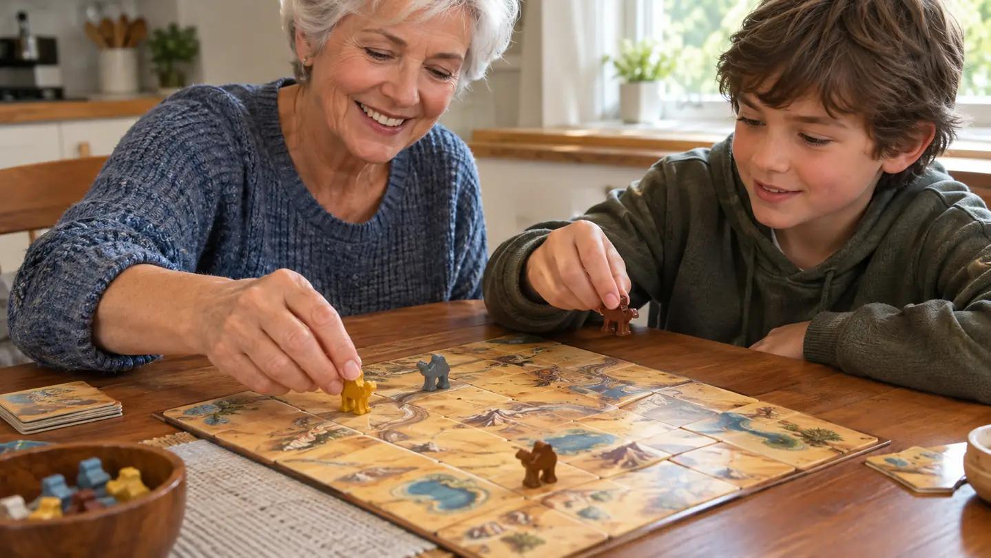 A hand moving a small game piece across a board game with sandy desert tiles