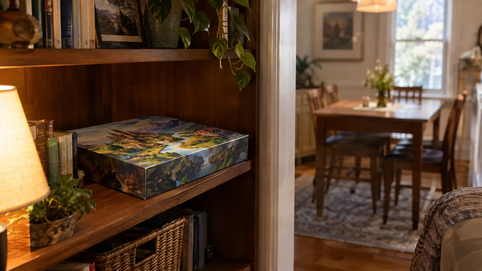 A board game box on a bookshelf in a cozy den, with a kitchen table visible in the next room