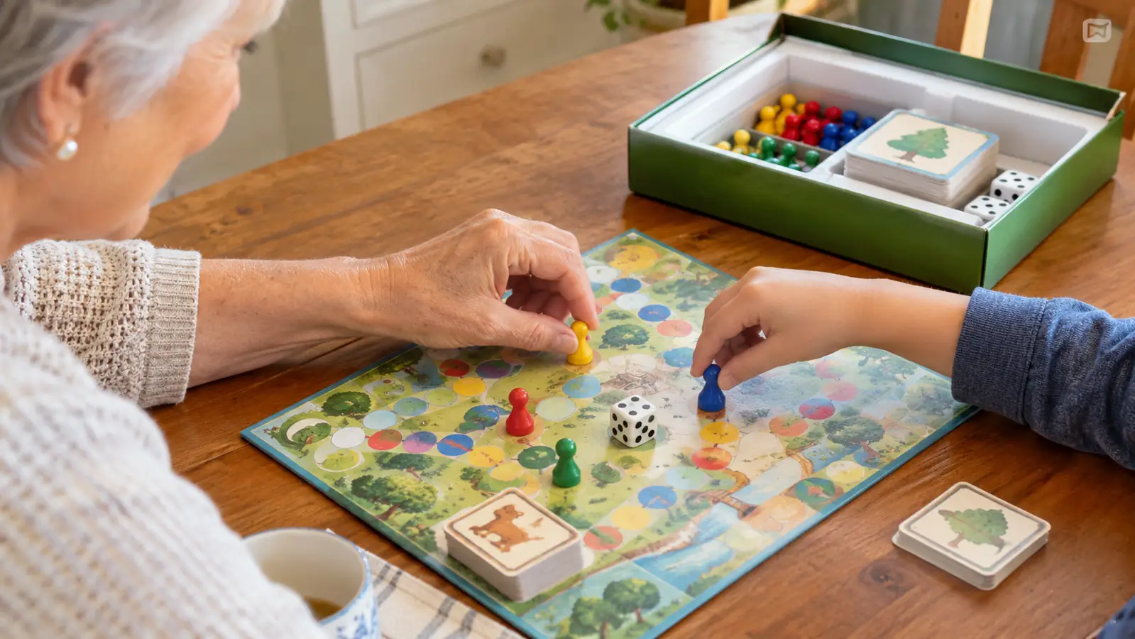 hands moving small game pieces on a board game
