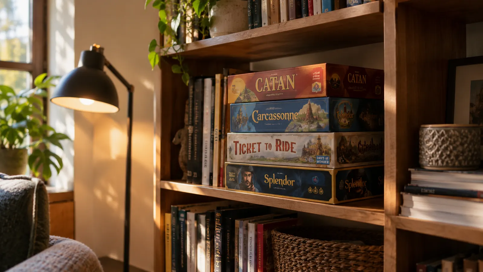 a den bookshelf with board game boxes stacked on a shelf