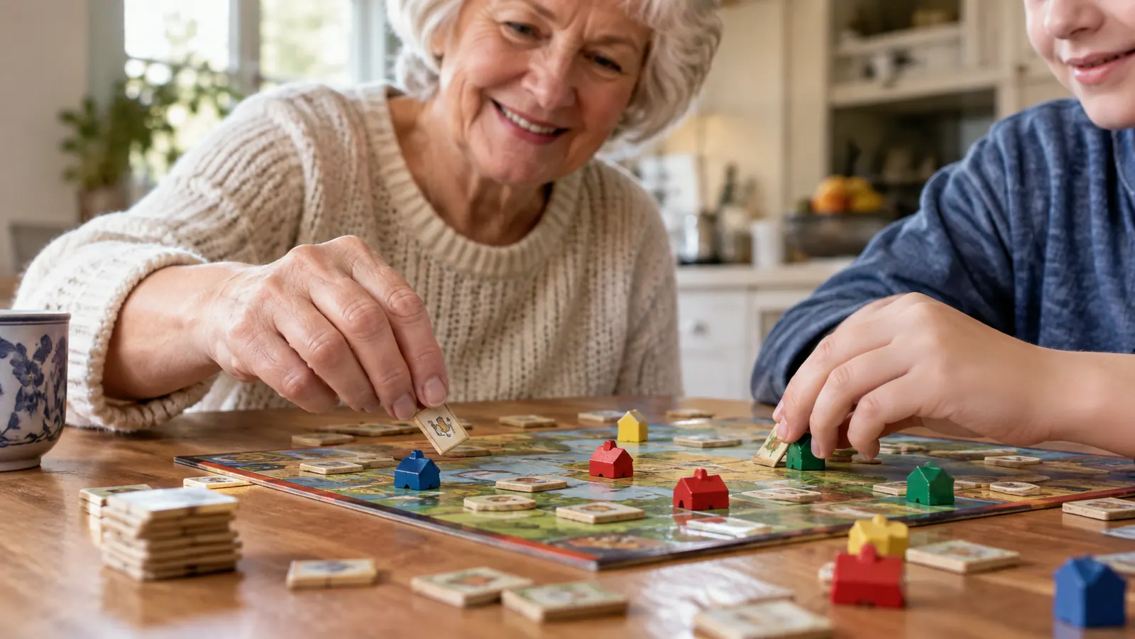 Hands moving small tiles and playing pieces on a board game at a wooden table