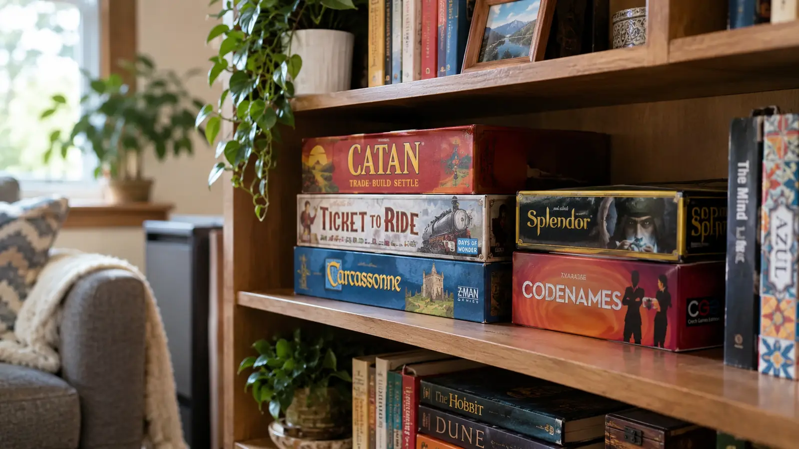 A board game box on a bookshelf next to other stacked game boxes in a cozy den