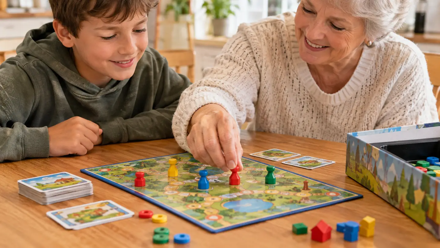 A player's hand placing a game piece on the table during a game of Forbidden Desert, the open game box at the edge of the frame