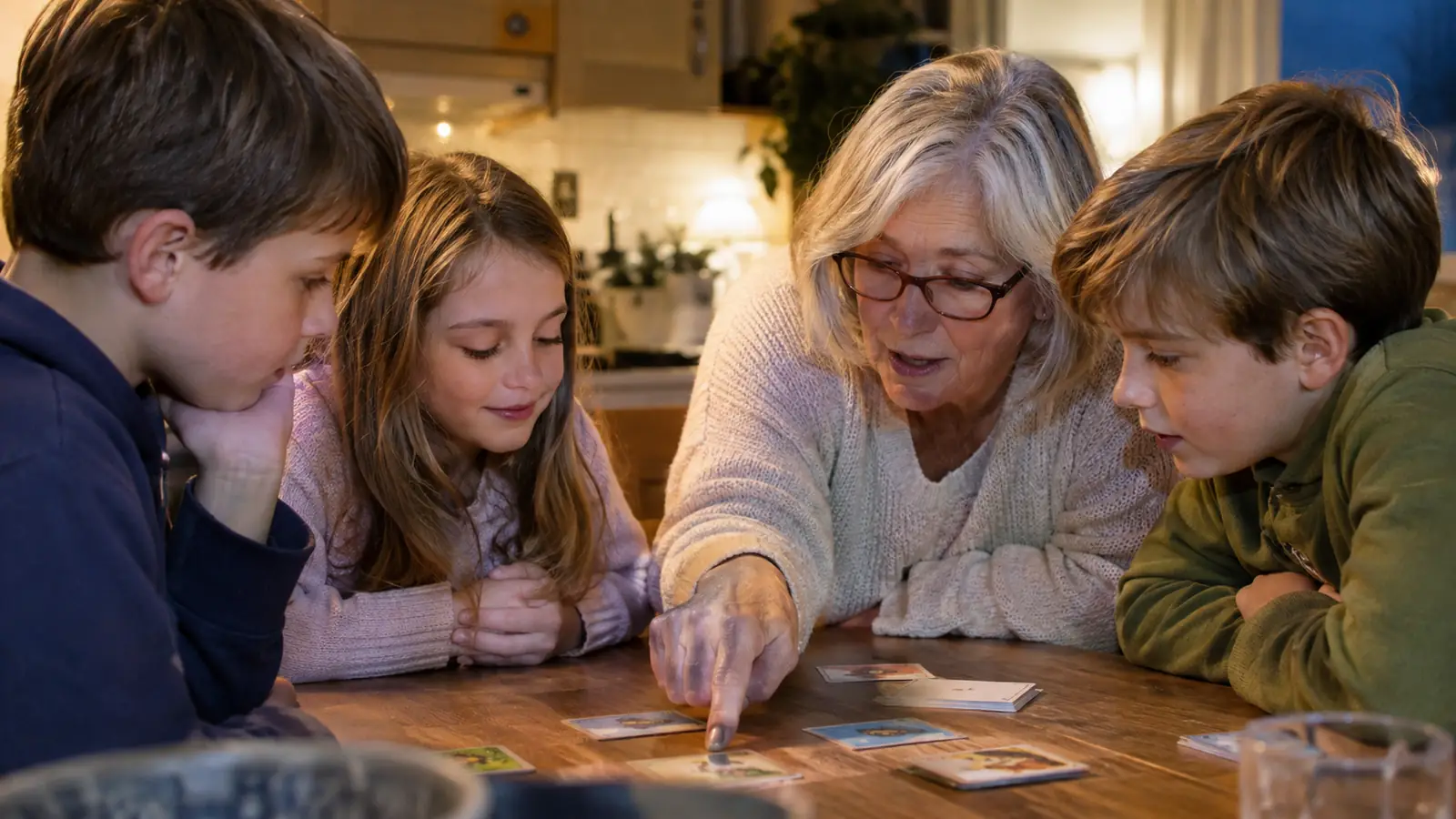 Children leaning over a kitchen table studying a cooperative board game while a grandmother points at a card, cozy evening scene