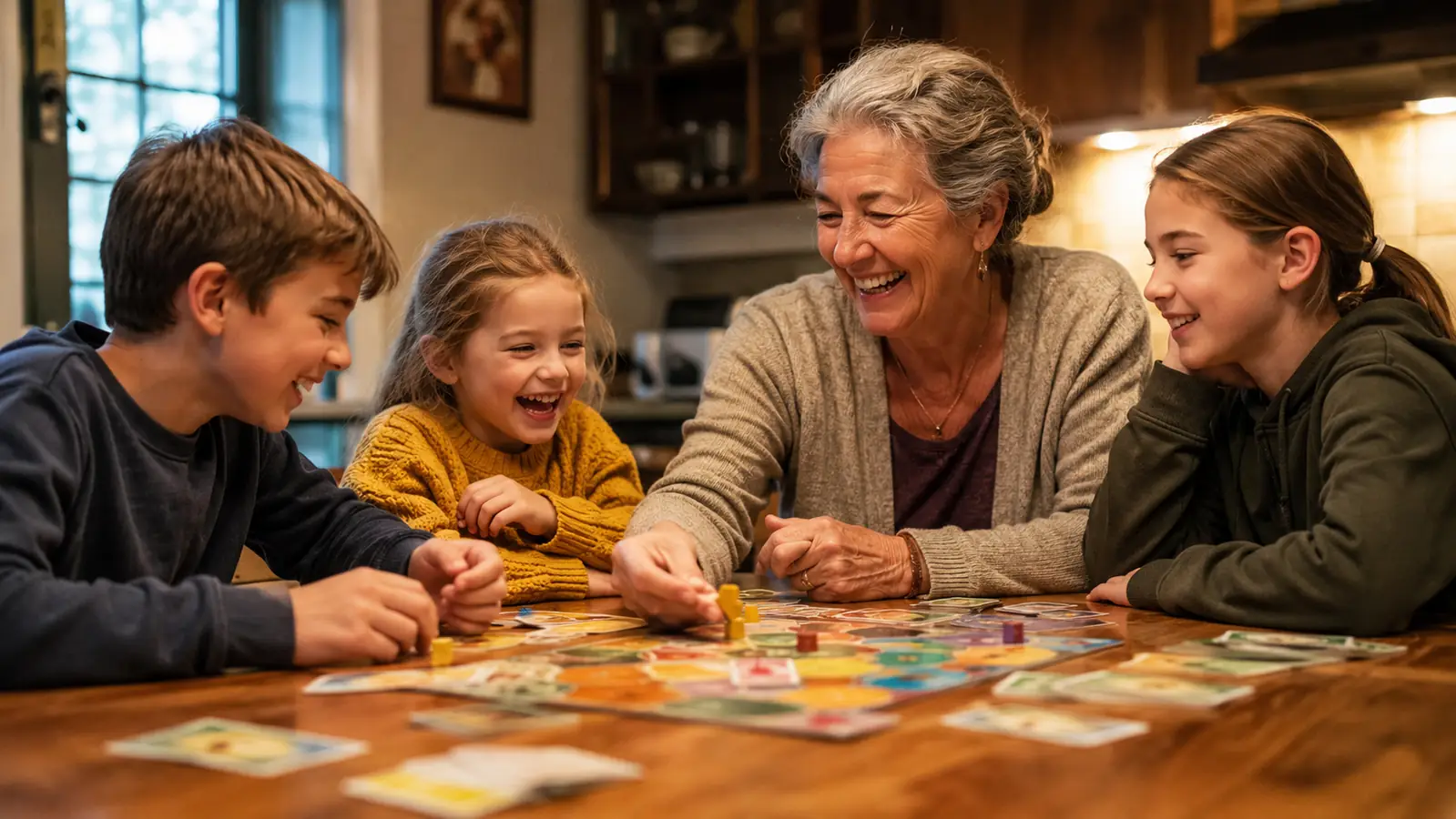 A grandmother and her three grandchildren laughing around a kitchen table covered with a board game, cards and wooden pieces