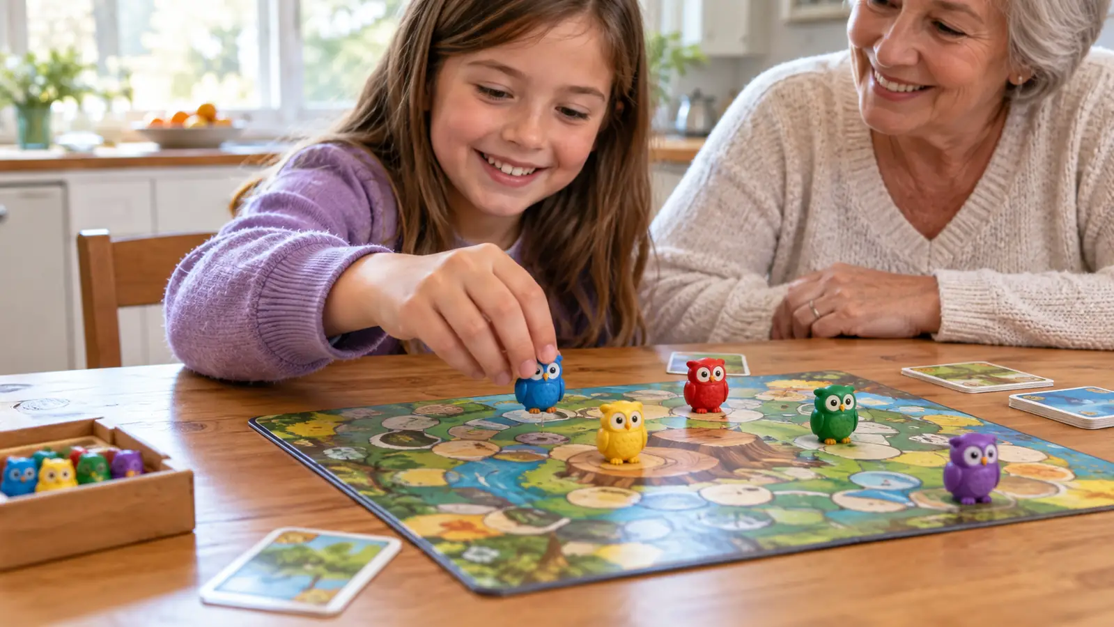 A child's hands placing an owl game piece onto a game board at a kitchen table