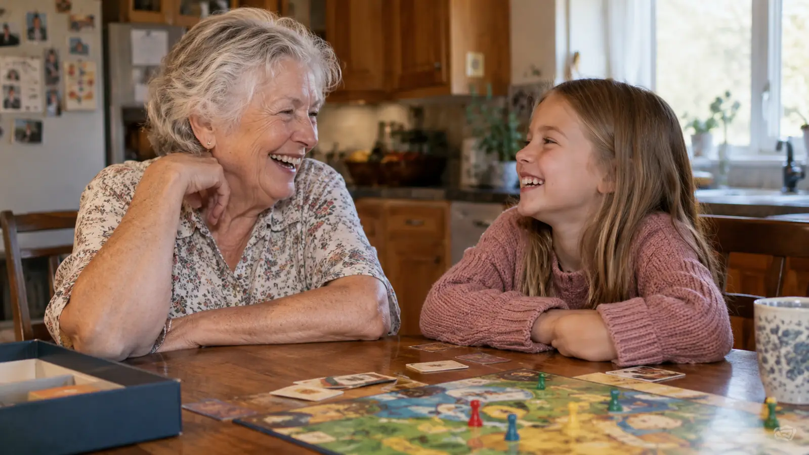 A grandmother and her granddaughter laughing across a kitchen table after a game