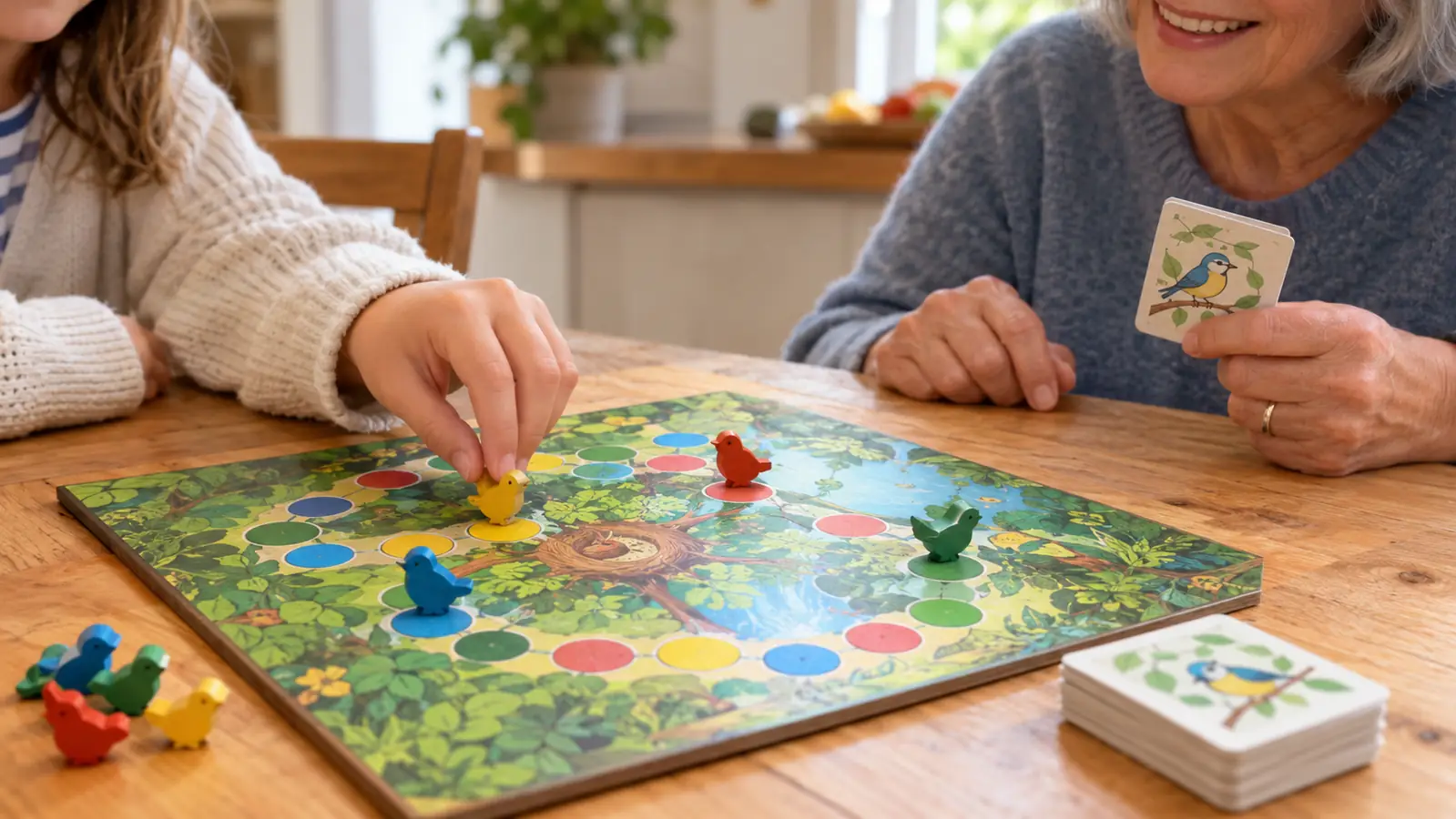 Children's hands placing small bird tokens on a game board at a wooden table