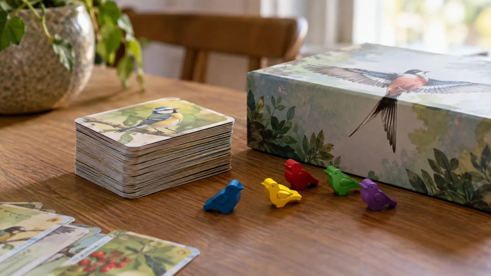 A stack of game cards and small bird tokens beside a closed game box on a wooden table