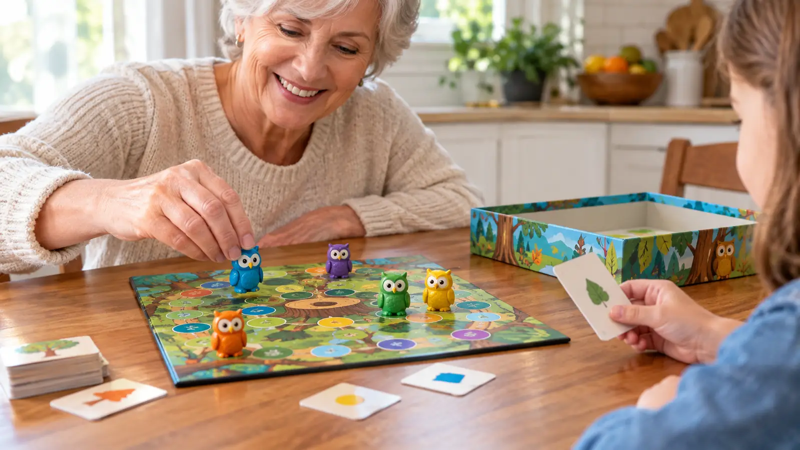 Hands placing owl game pieces on a board game while a child reaches for a card