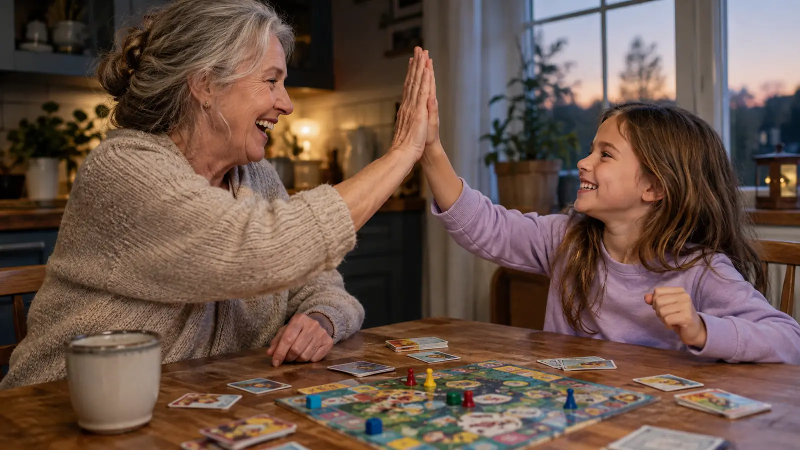 A grandmother and a young girl sharing a high five across a game table
