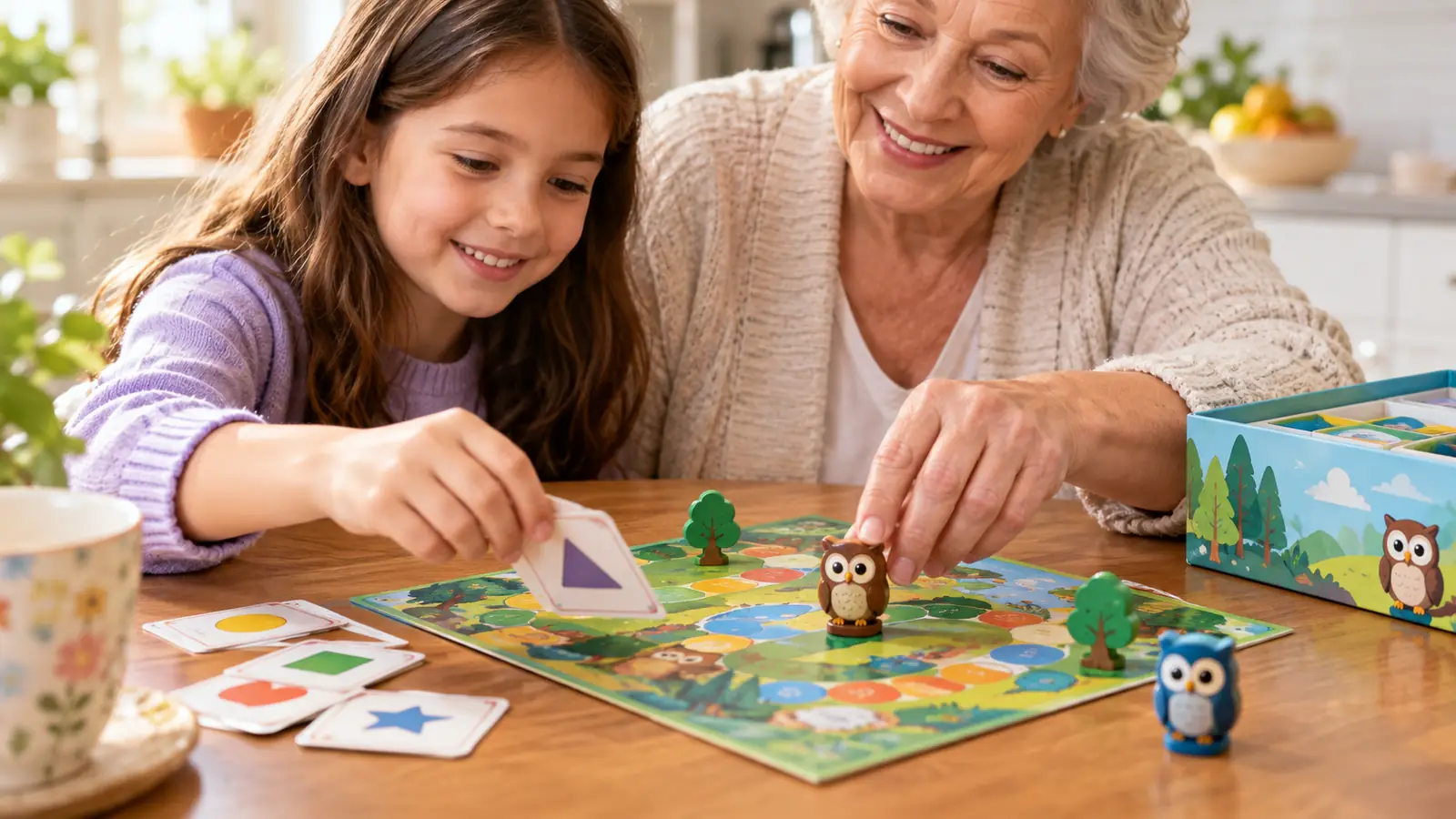 A child's hand placing a color card on a board game while a grandmother helps move an owl game piece