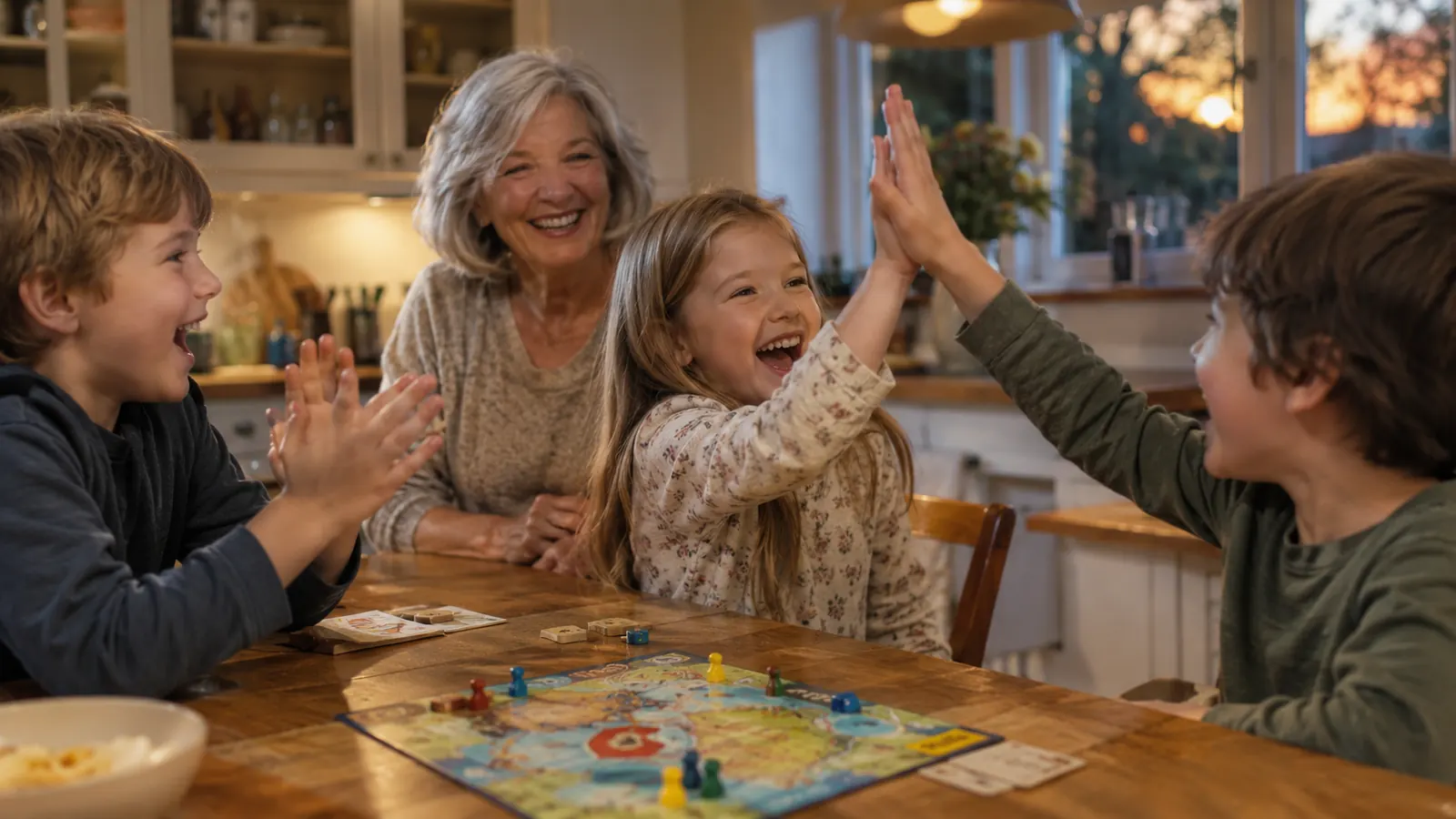 Three grandchildren celebrating and high-fiving around a kitchen table after finishing a board game