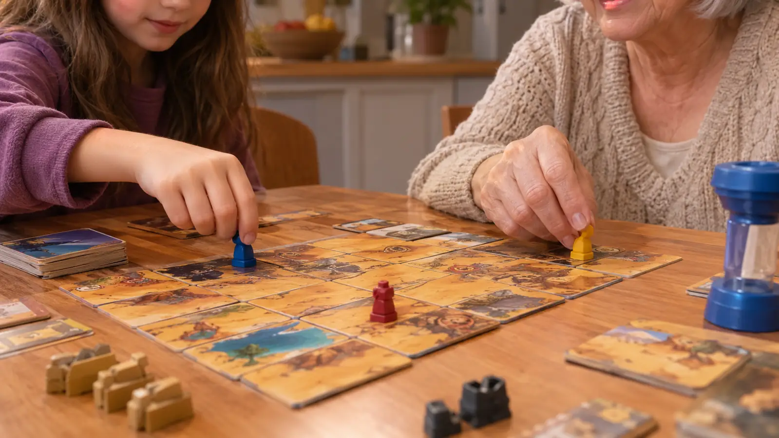 A hand placing a small game piece onto a board game tile on a kitchen table
