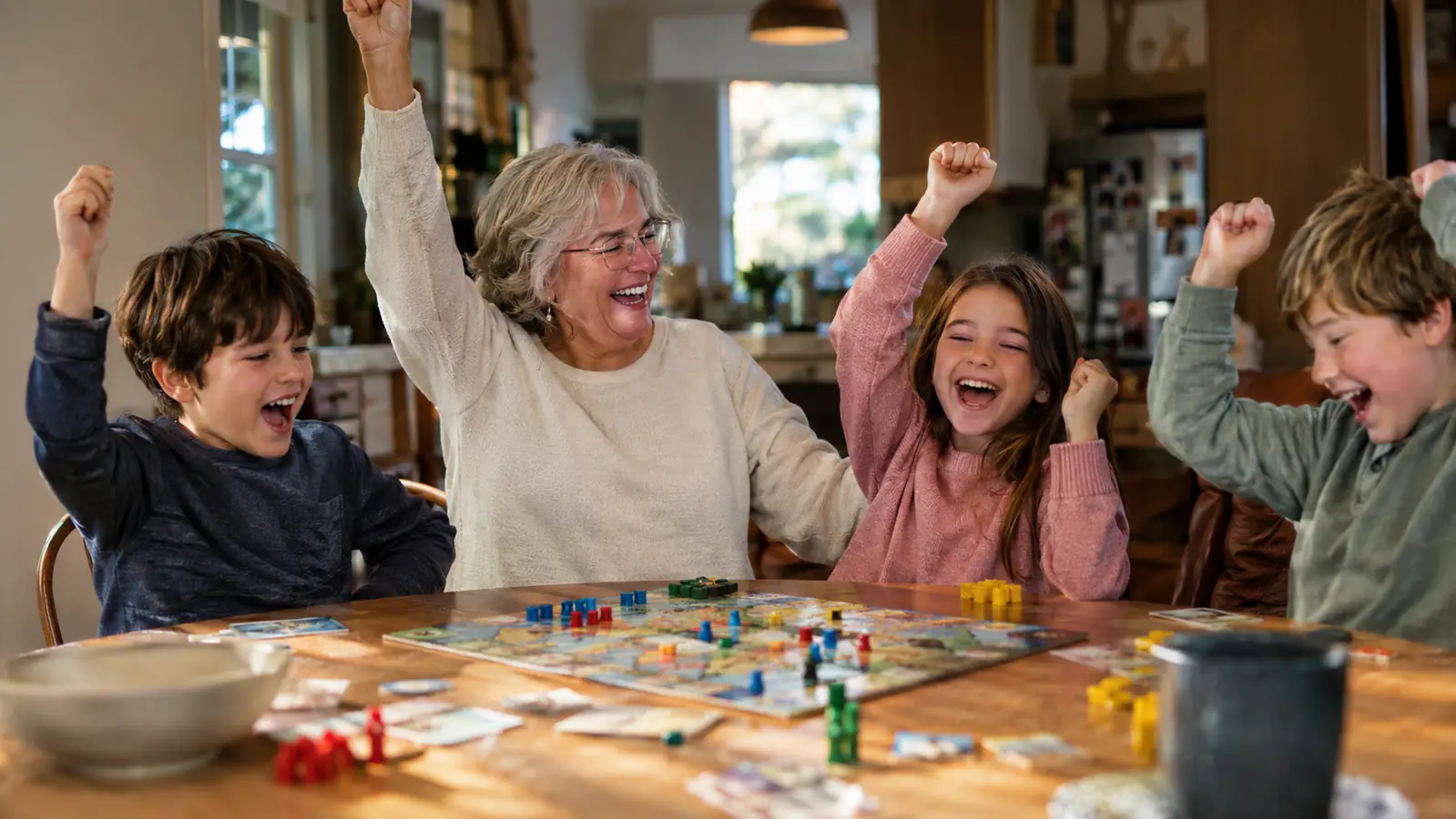 A grandmother and three grandchildren celebrating with raised hands around a kitchen table after finishing a board game
