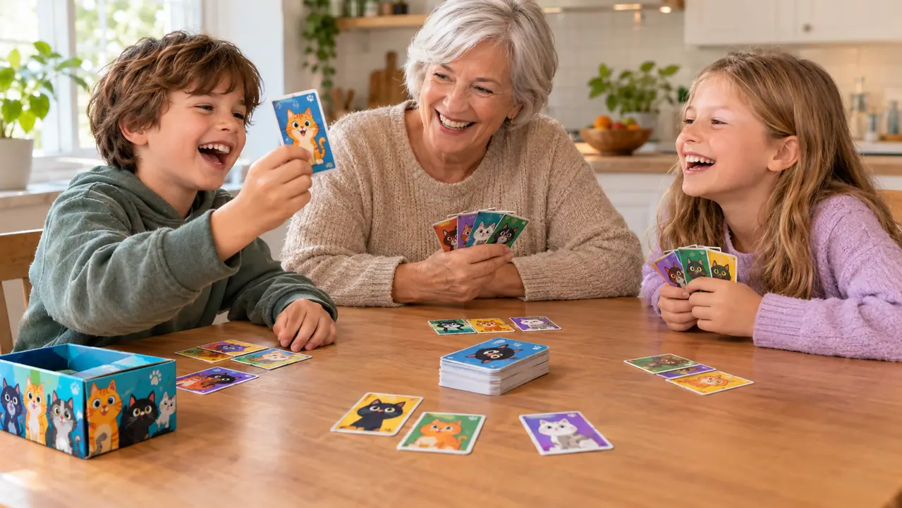 A hand holding a card from the deck above the discard pile on a kitchen table