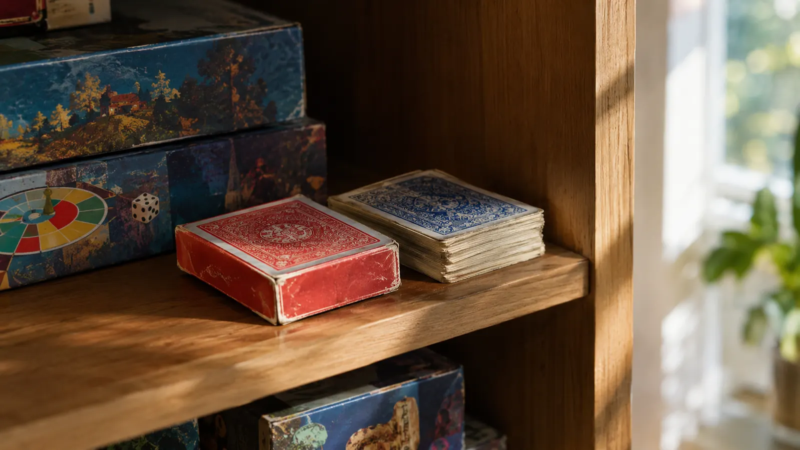 A stack of well-worn game cards on a bookshelf next to other board games