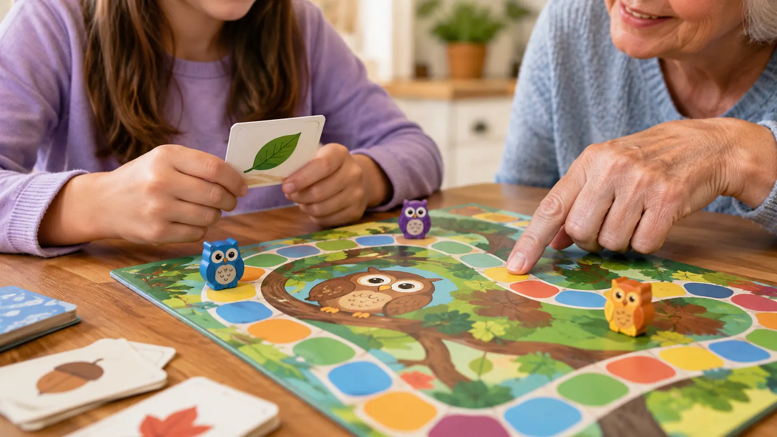 A child's hands holding a card above a board game with a path of colored spaces and small owl tokens.