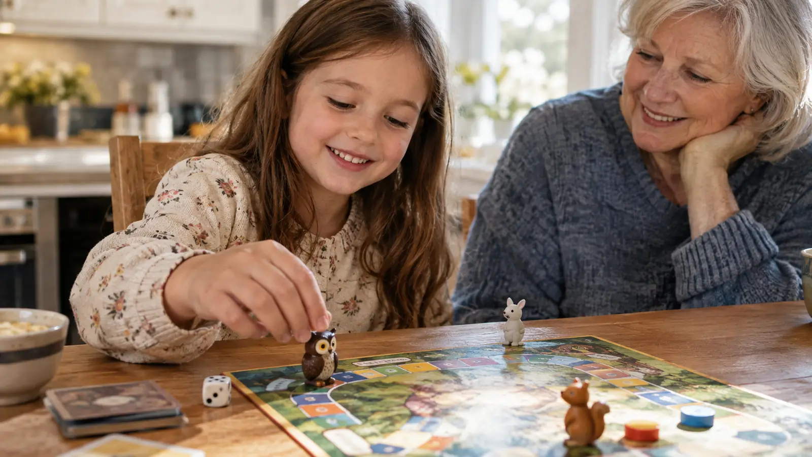 A young child placing a small owl game piece on a colored space during a board game at a kitchen table.
