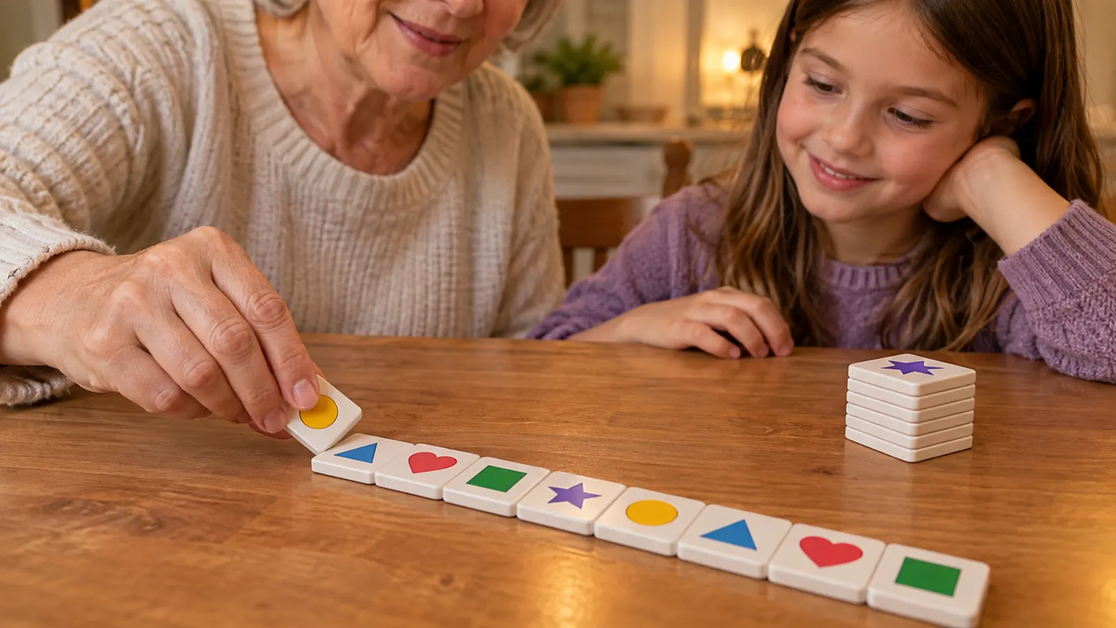 Hands placing a tile in a line of matching tiles on a wooden table