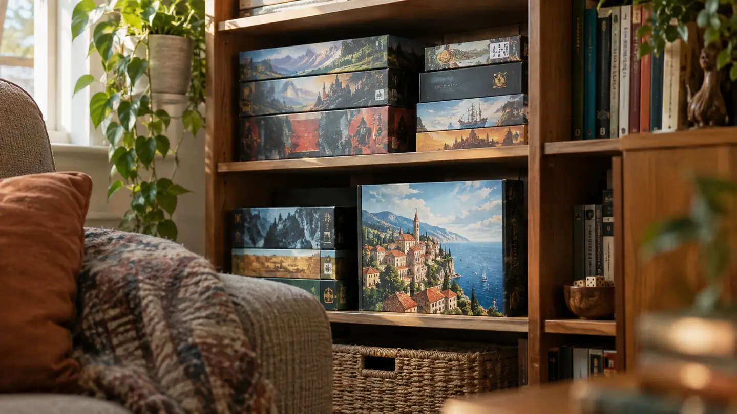 A bookshelf with board game boxes, including a tile game on the lower shelf