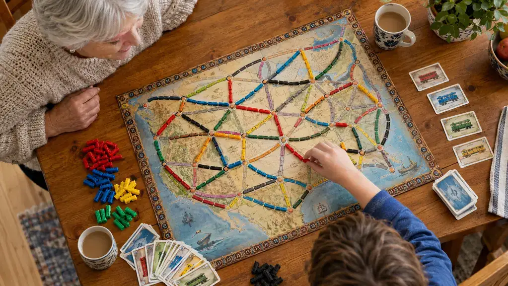 A child's hand placing small plastic train pieces on a board game map while train cards lie fanned out on the table