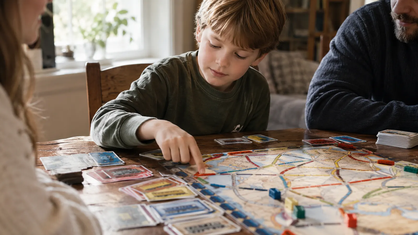 A child tracing a route on a board game map with a finger while train cards are spread across the table