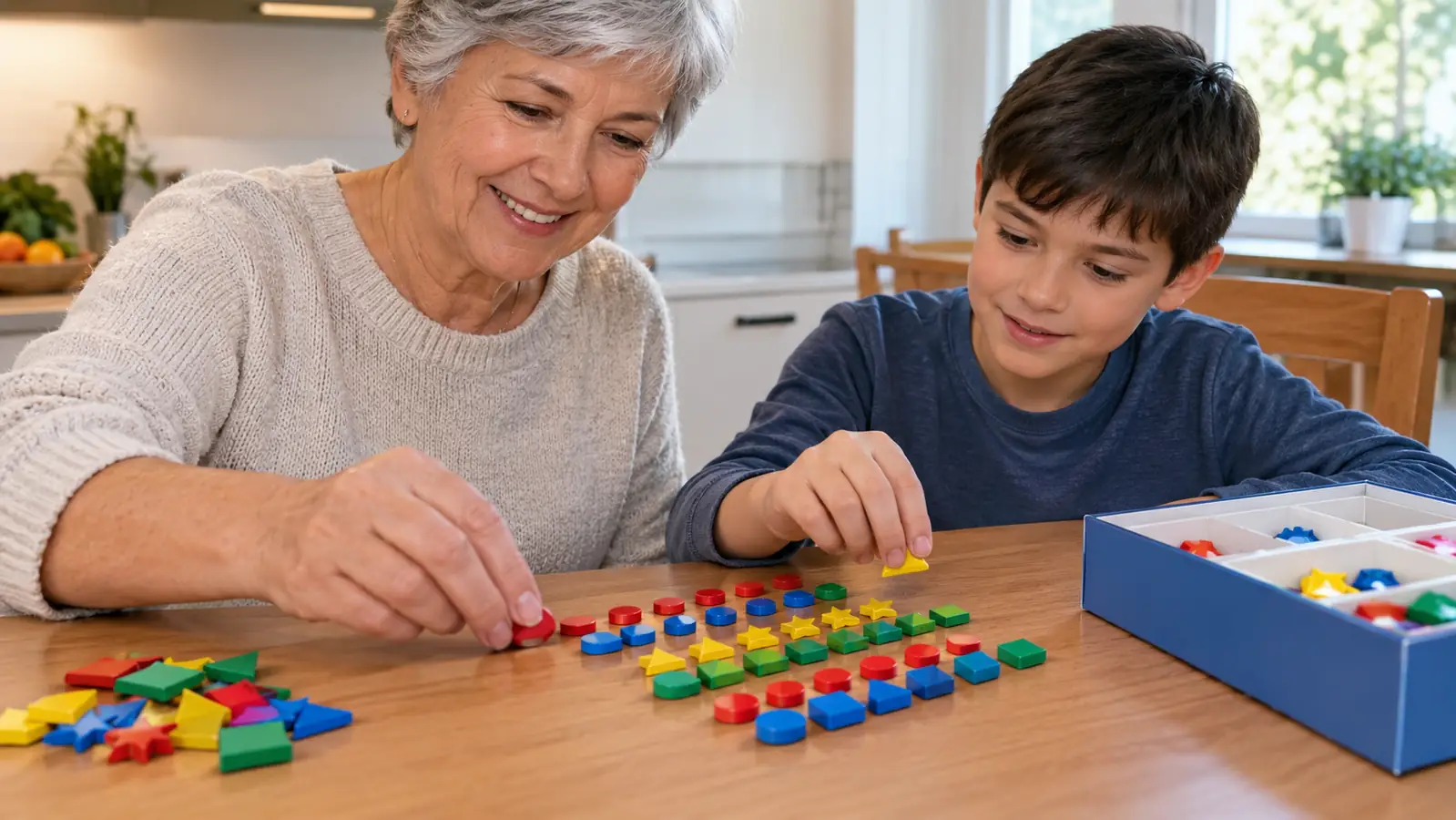 Hands placing game pieces in neat rows on a table during a family game night