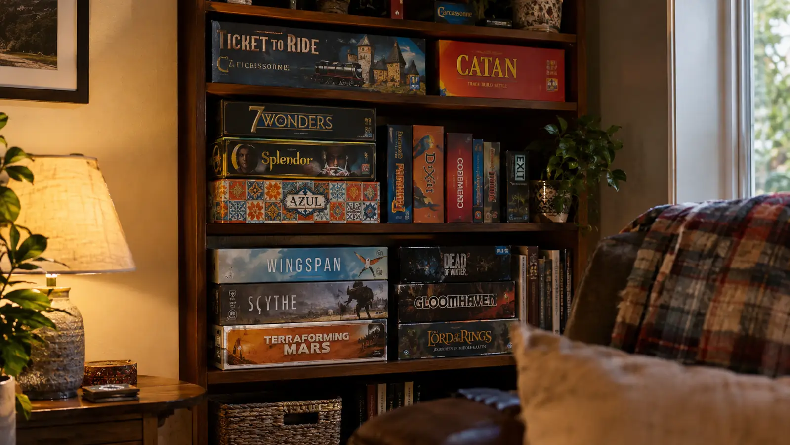 A bookshelf in a cozy den holding a collection of board game boxes