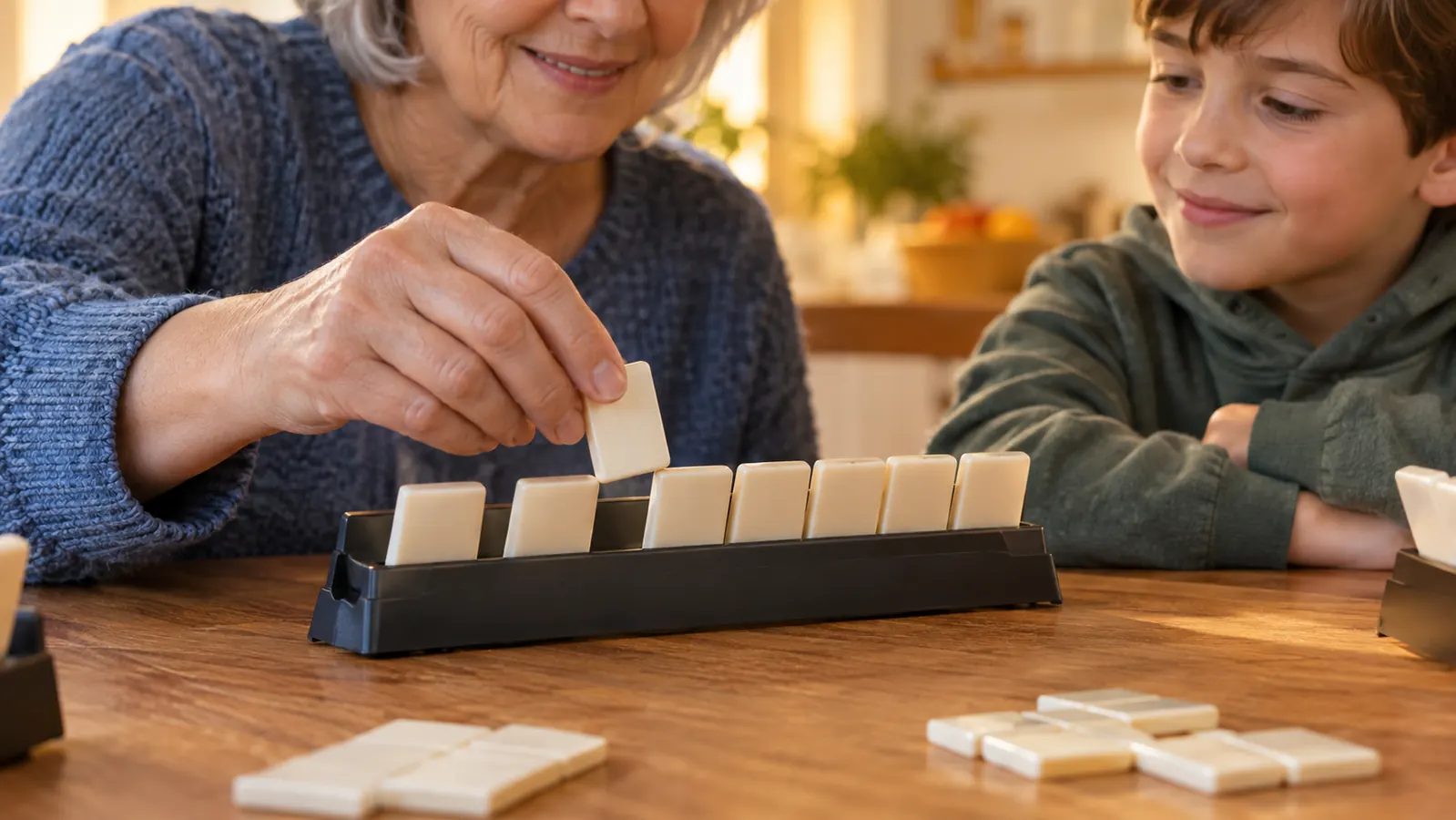 Hands placing a tile onto a row of tiles on a wooden table during a game