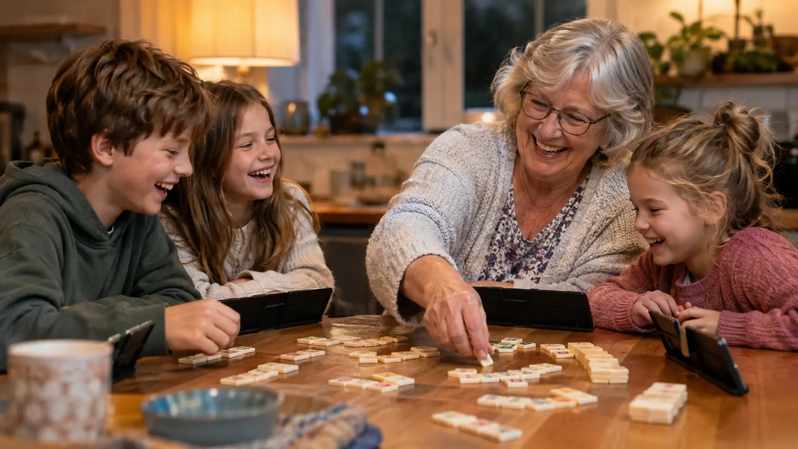 A family laughing together around a kitchen table with a tile game spread out in front of them