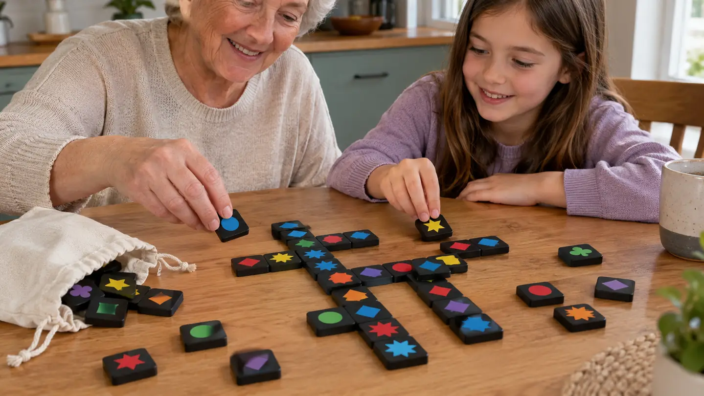 Hands placing a wooden tile into a row of colorful tiles on a wooden table
