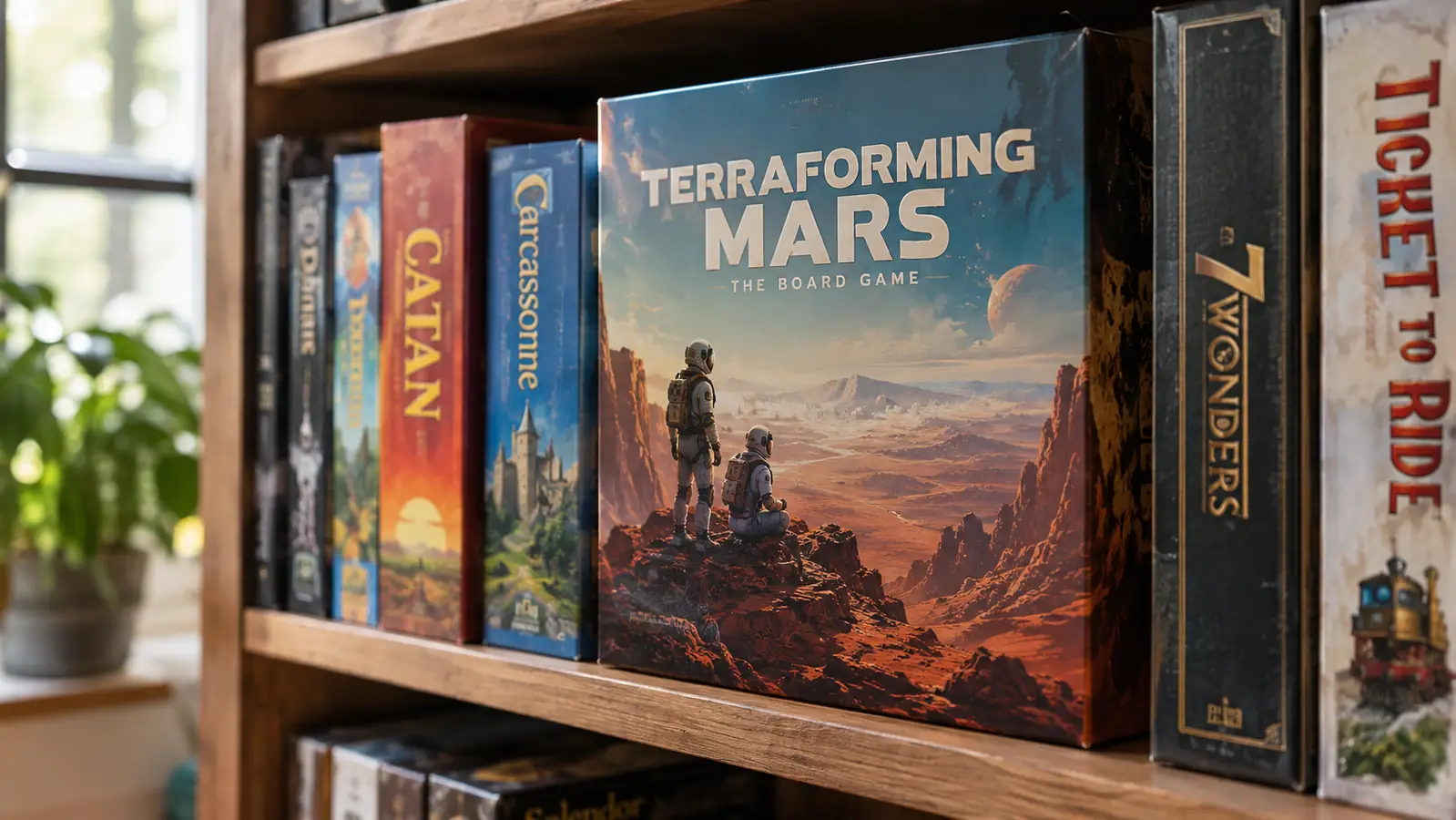 A board game box sitting on a bookshelf among other game boxes