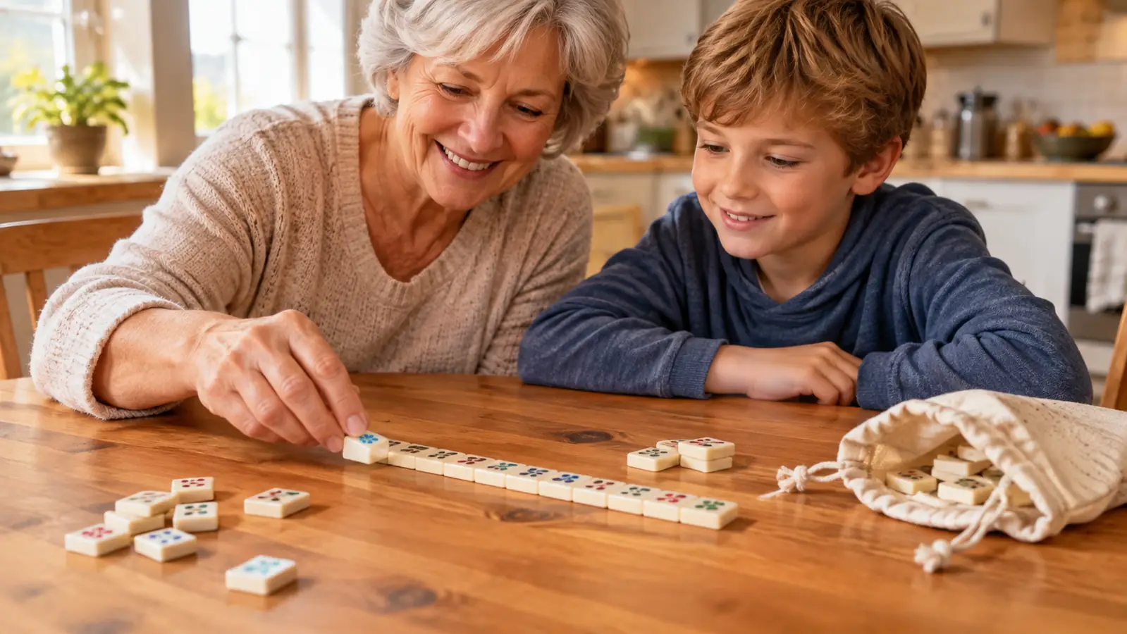 Hands placing game tiles on a wooden table to extend a row during a family game