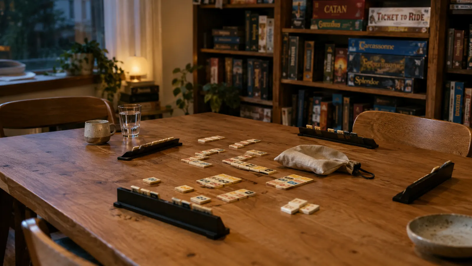 A cleared kitchen table with a tile game set out, a bookshelf of board games behind it